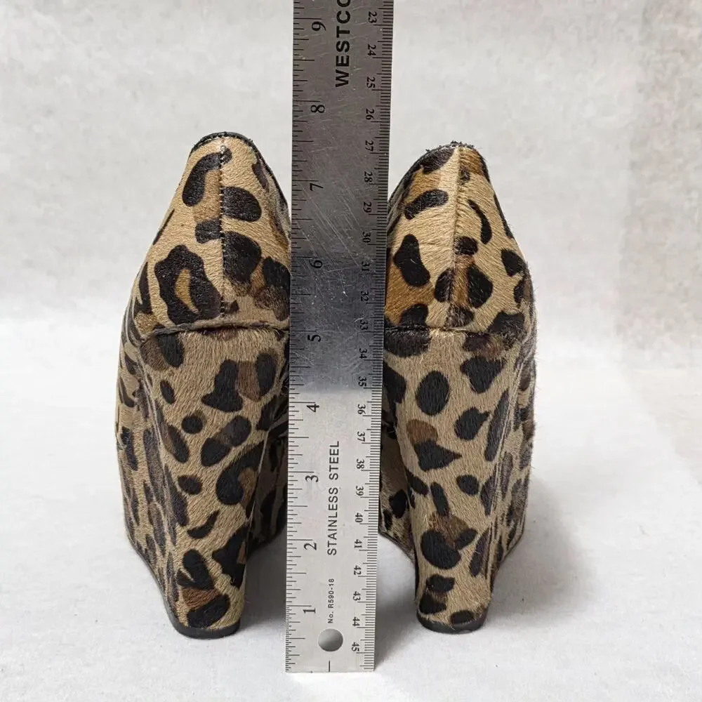 Leopard Print Pony Hair Platform Wedge Booties - Peep Toe - Size 8M